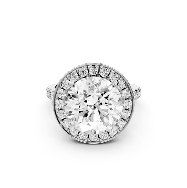 Beatrice - 5ct 18k white gold round stone in rollover halo with diamond bridge and pavé engagement ring - Mr. Alex Jewelry