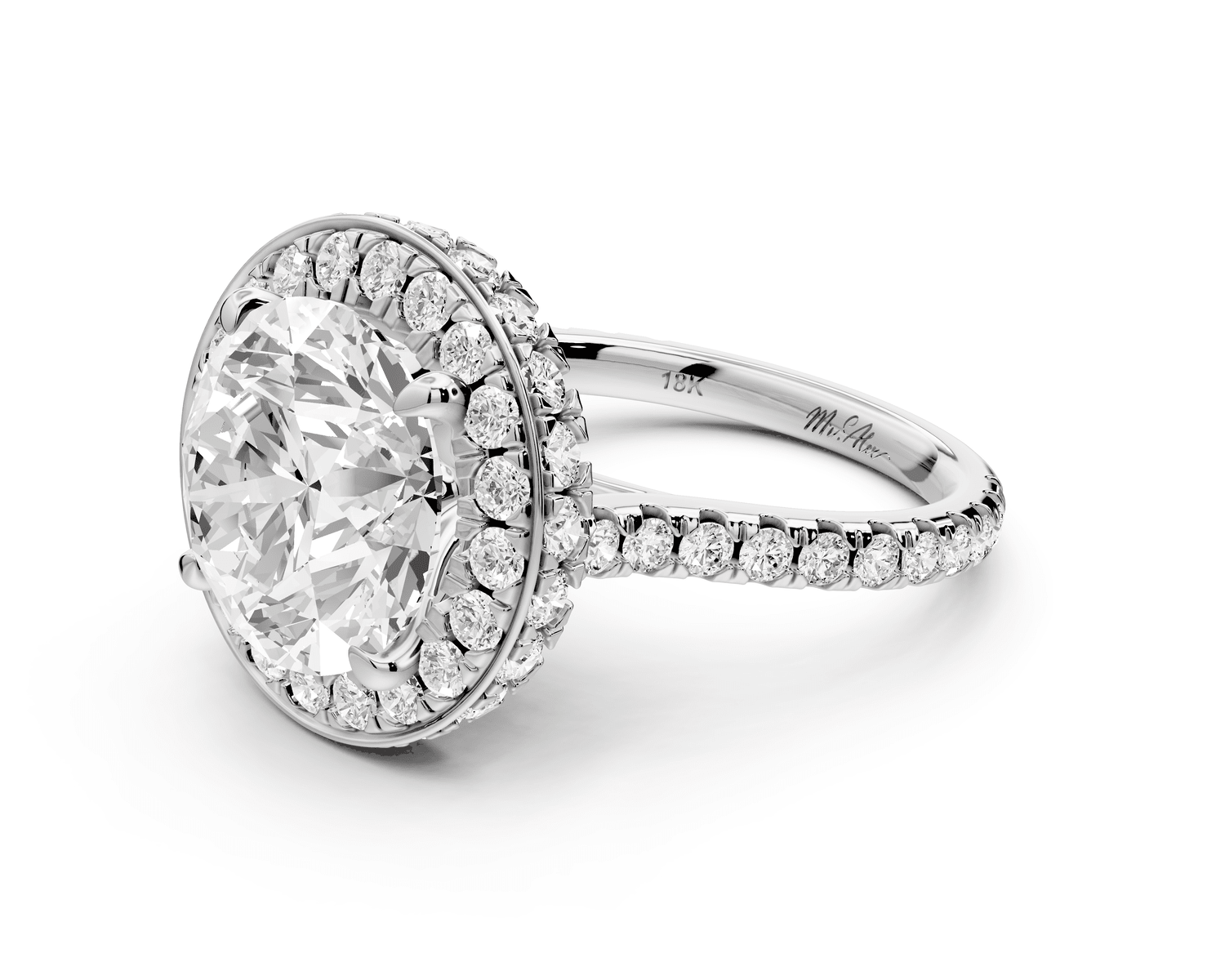Beatrice - 5ct 18k white gold round stone in rollover halo with diamond bridge and pavé engagement ring - Mr. Alex Jewelry