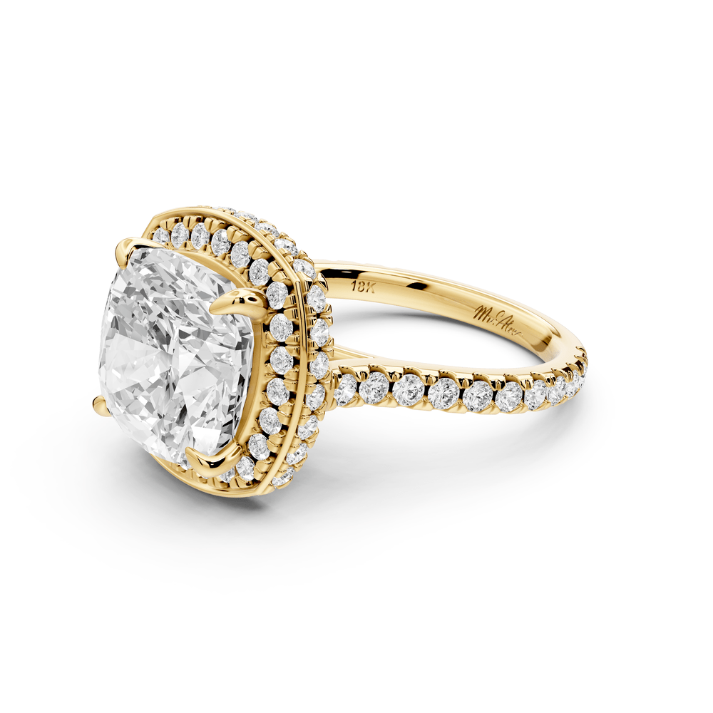 Beatrice - 5ct 18k yellow gold cushion stone in rollover halo with diamond bridge and pavé engagement ring - Mr. Alex Jewelry