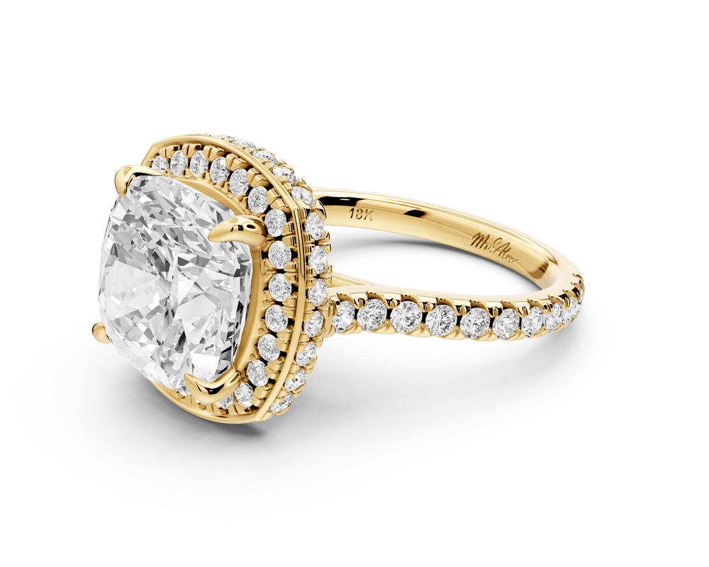 Beatrice - 5ct 18k yellow gold cushion stone in rollover halo with diamond bridge and pavé engagement ring - Mr. Alex Jewelry