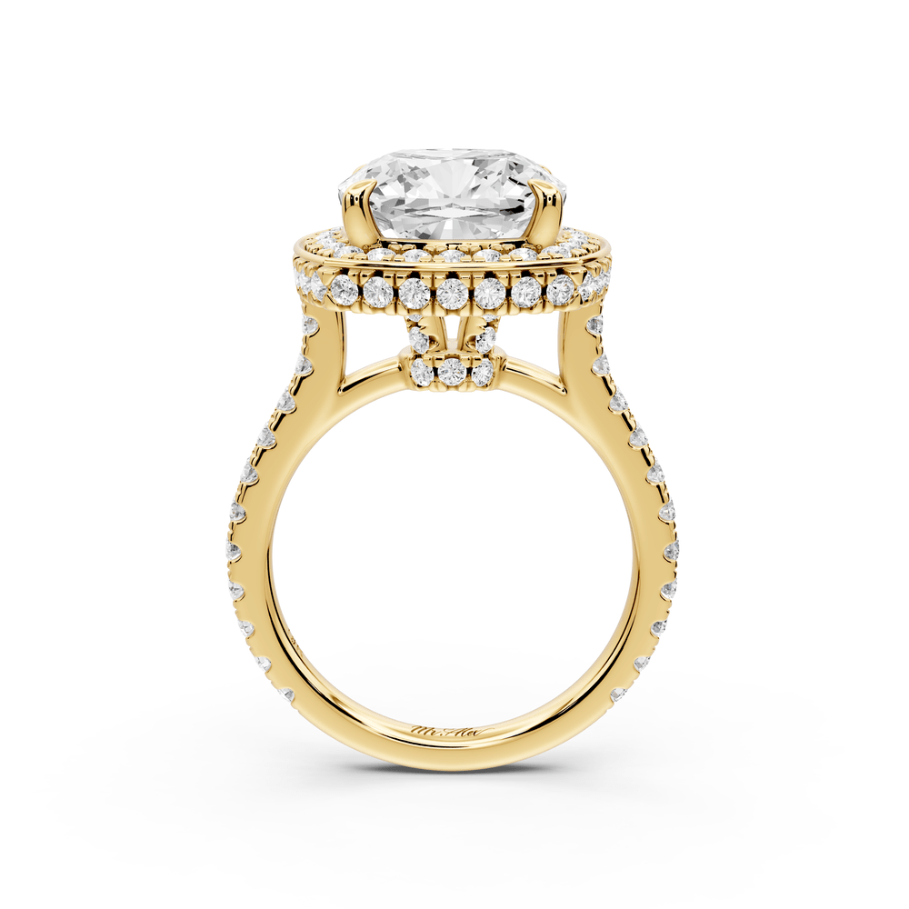 Beatrice - 5ct 18k yellow gold cushion stone in rollover halo with diamond bridge and pavé engagement ring - Mr. Alex Jewelry