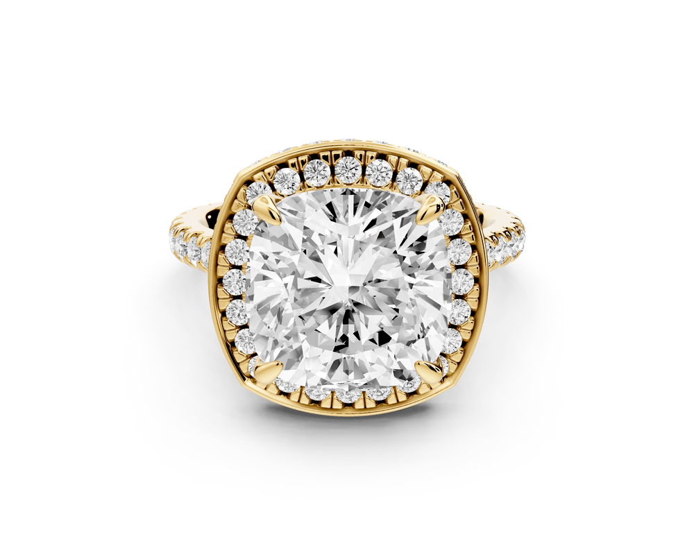 Beatrice - 5ct 18k yellow gold cushion stone in rollover halo with diamond bridge and pavé engagement ring - Mr. Alex Jewelry