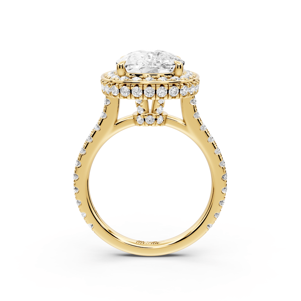 Beatrice - 5ct 18k yellow gold ecushion stone in rollover halo with diamond bridge and pavé engagement ring - Mr. Alex Jewelry