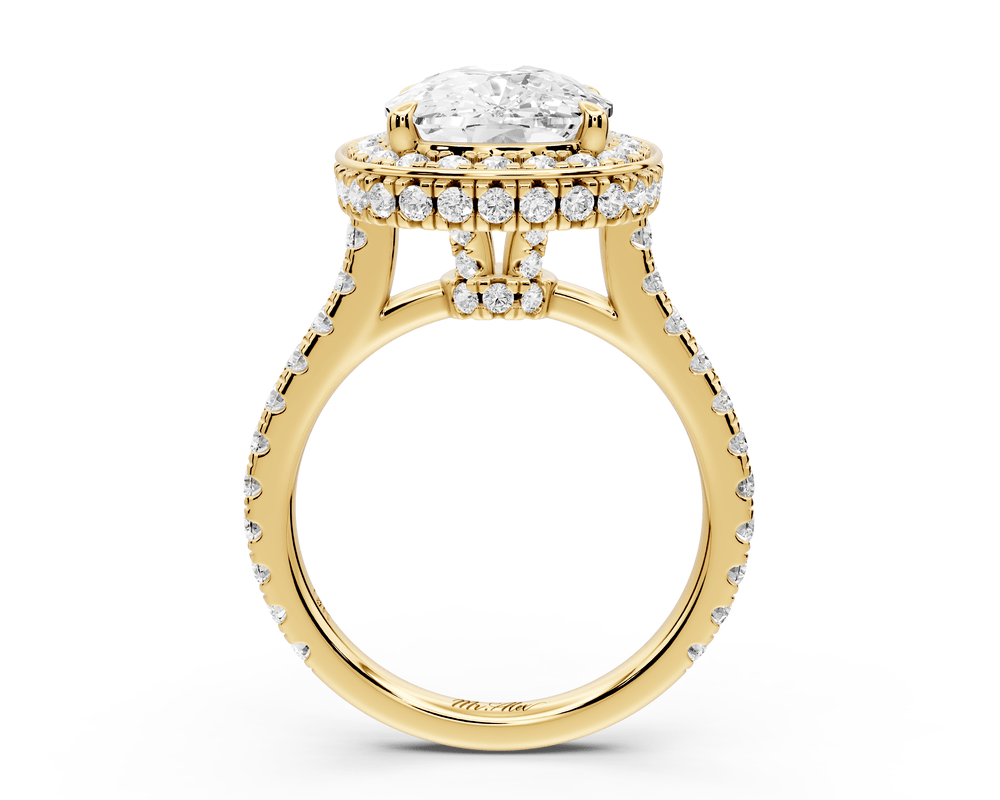 Beatrice - 5ct 18k yellow gold ecushion stone in rollover halo with diamond bridge and pavé engagement ring - Mr. Alex Jewelry