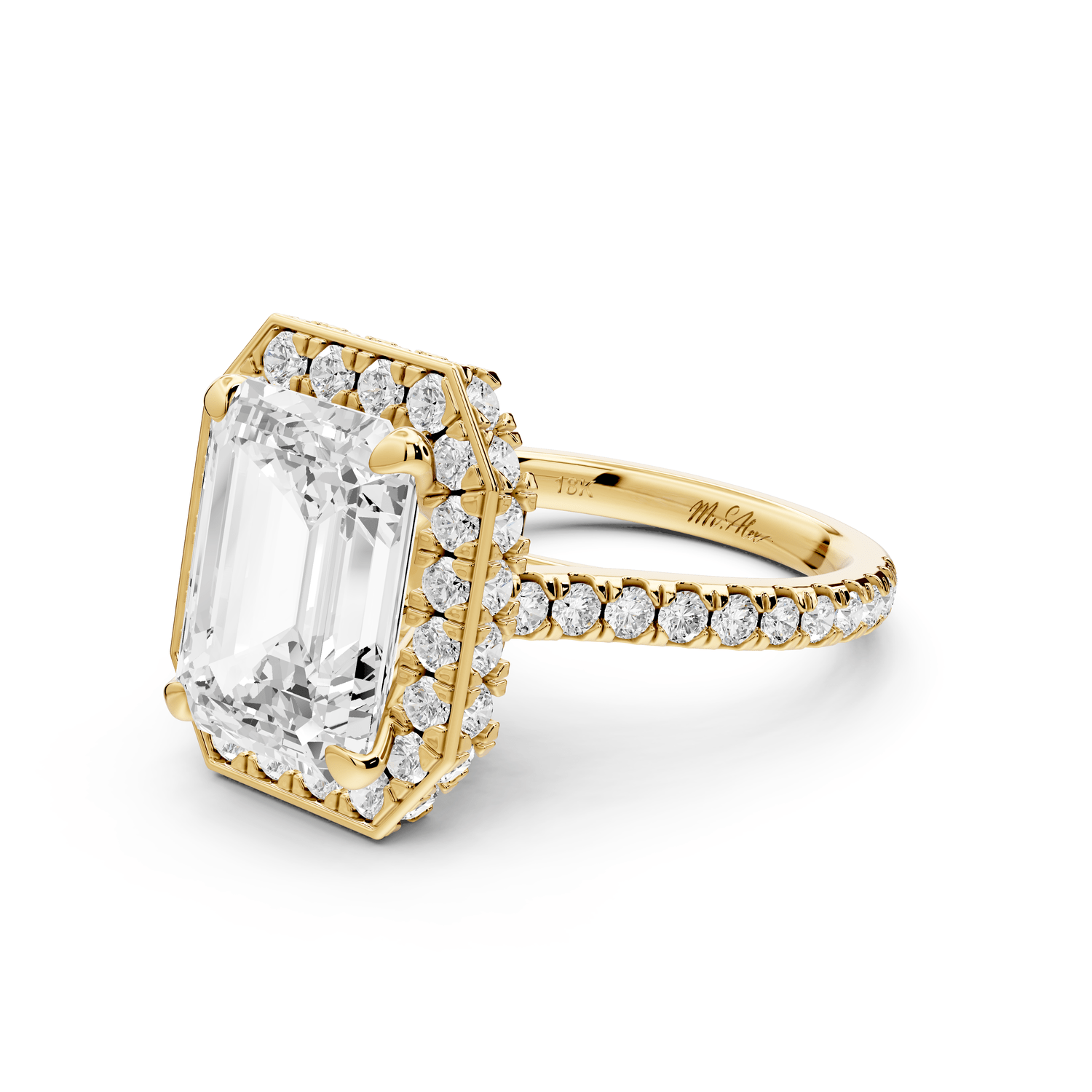 Beatrice - 5ct 18k yellow gold emerald stone in rollover halo with diamond bridge and pavé engagement ring - Mr. Alex Jewelry