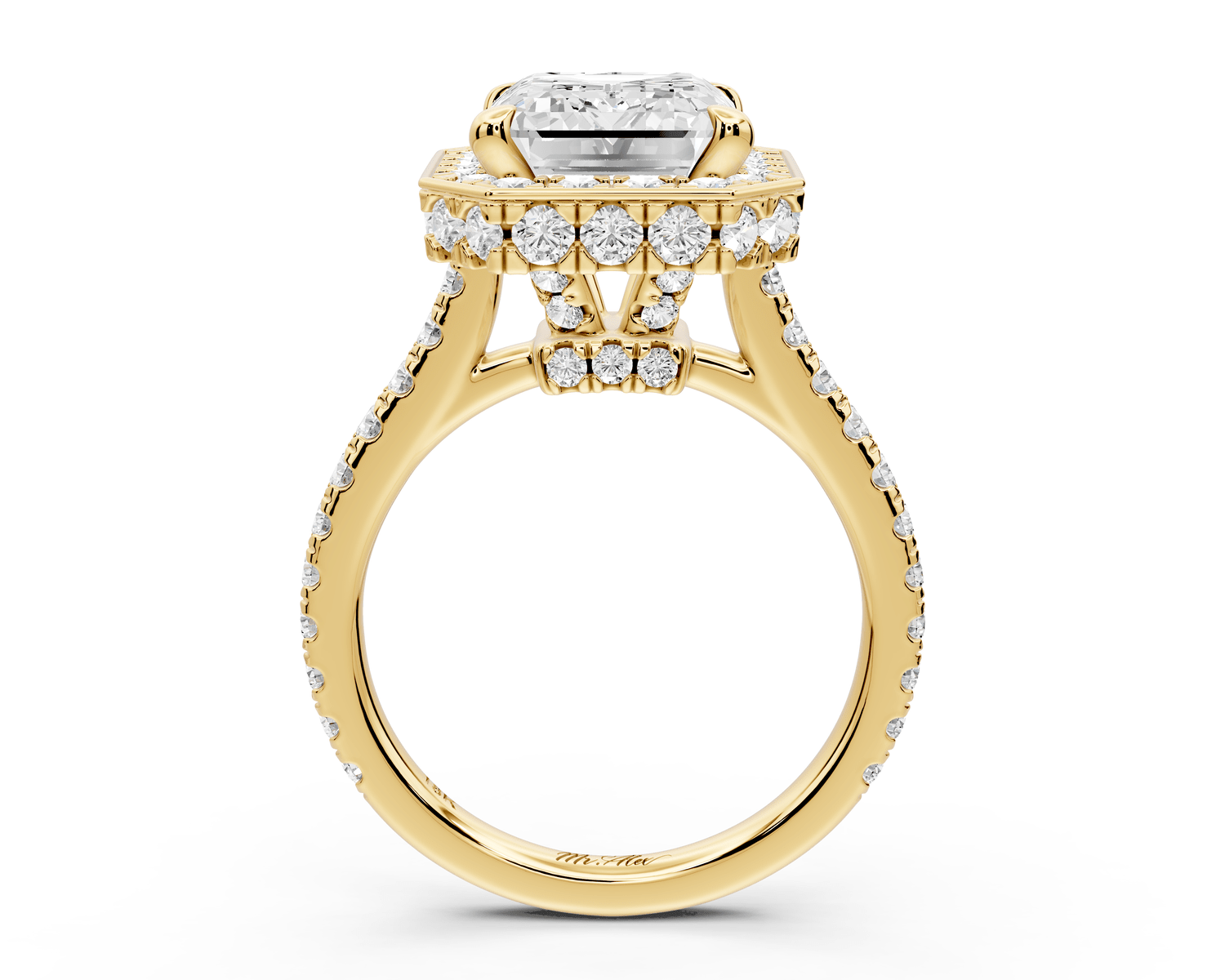 Beatrice - 5ct 18k yellow gold emerald stone in rollover halo with diamond bridge and pavé engagement ring - Mr. Alex Jewelry