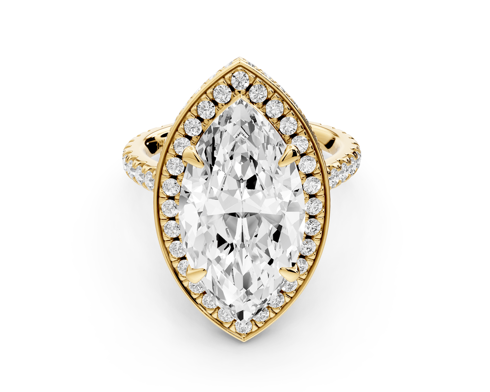 Beatrice - 5ct 18k yellow gold marquise stone in rollover halo with diamond bridge and pavé engagement ring - Mr. Alex Jewelry