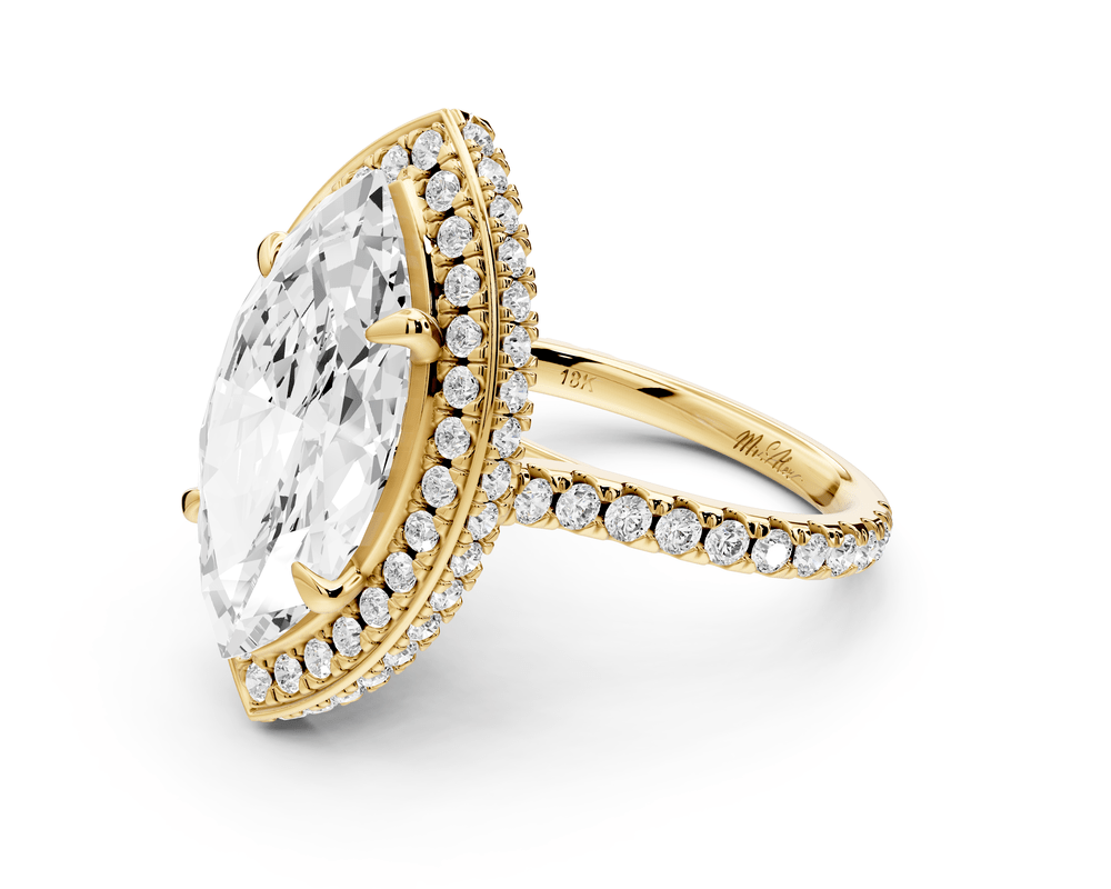 Beatrice - 5ct 18k yellow gold marquise stone in rollover halo with diamond bridge and pavé engagement ring - Mr. Alex Jewelry