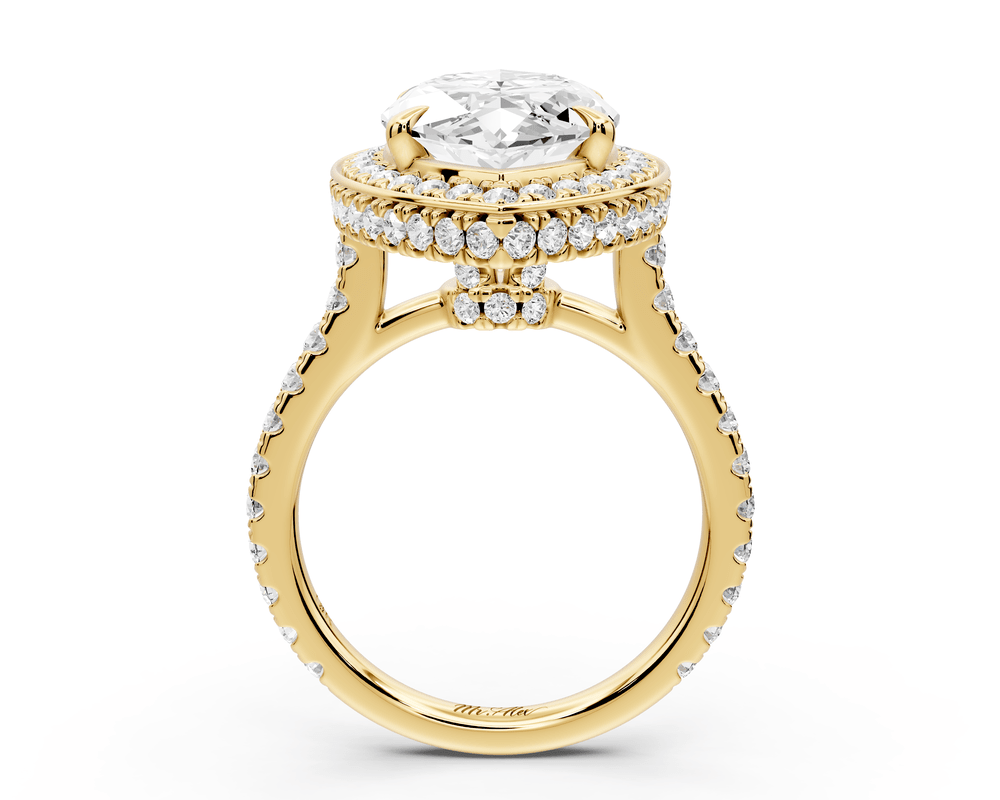 Beatrice - 5ct 18k yellow gold marquise stone in rollover halo with diamond bridge and pavé engagement ring - Mr. Alex Jewelry
