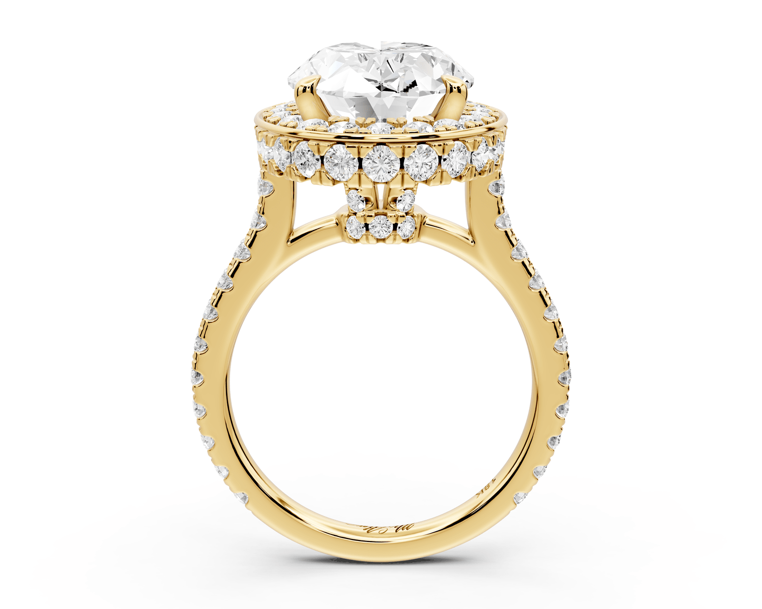 Beatrice - 5ct 18k yellow gold oval stone in rollover halo with diamond bridge and pavé engagement ring - Mr. Alex Jewelry