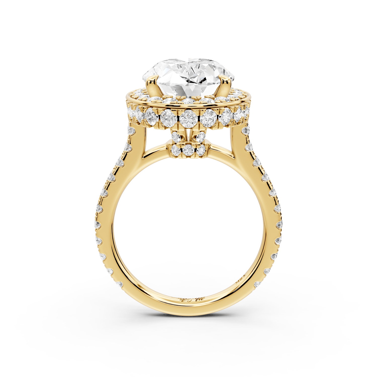 Beatrice - 5ct 18k yellow gold oval stone in rollover halo with diamond bridge and pavé engagement ring - Mr. Alex Jewelry