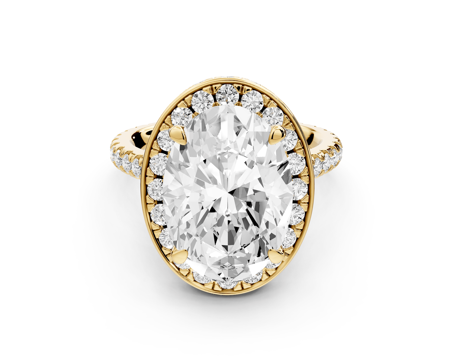 Beatrice - 5ct 18k yellow gold oval stone in rollover halo with diamond bridge and pavé engagement ring - Mr. Alex Jewelry