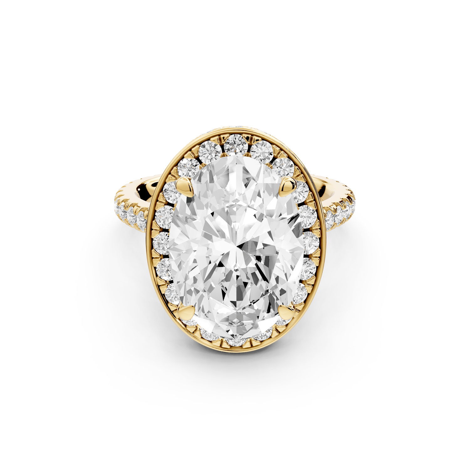 Beatrice - 5ct 18k yellow gold oval stone in rollover halo with diamond bridge and pavé engagement ring - Mr. Alex Jewelry
