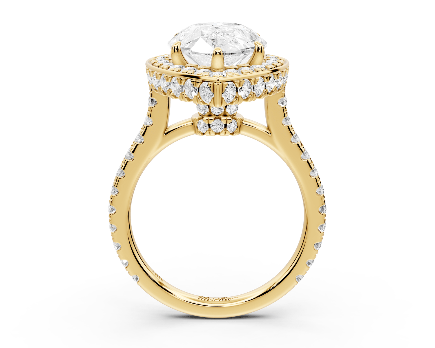 Beatrice - 5ct 18k yellow gold pear stone in rollover halo with diamond bridge and pavé engagement ring - Mr. Alex Jewelry