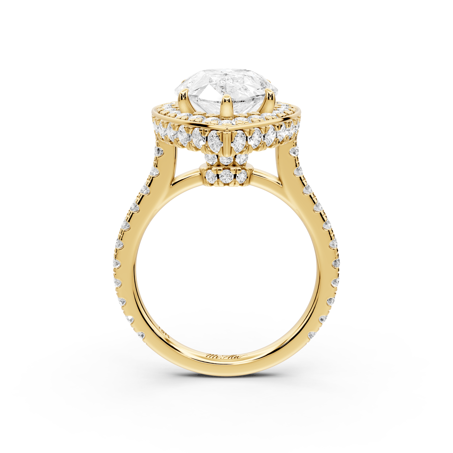 Beatrice - 5ct 18k yellow gold pear stone in rollover halo with diamond bridge and pavé engagement ring - Mr. Alex Jewelry