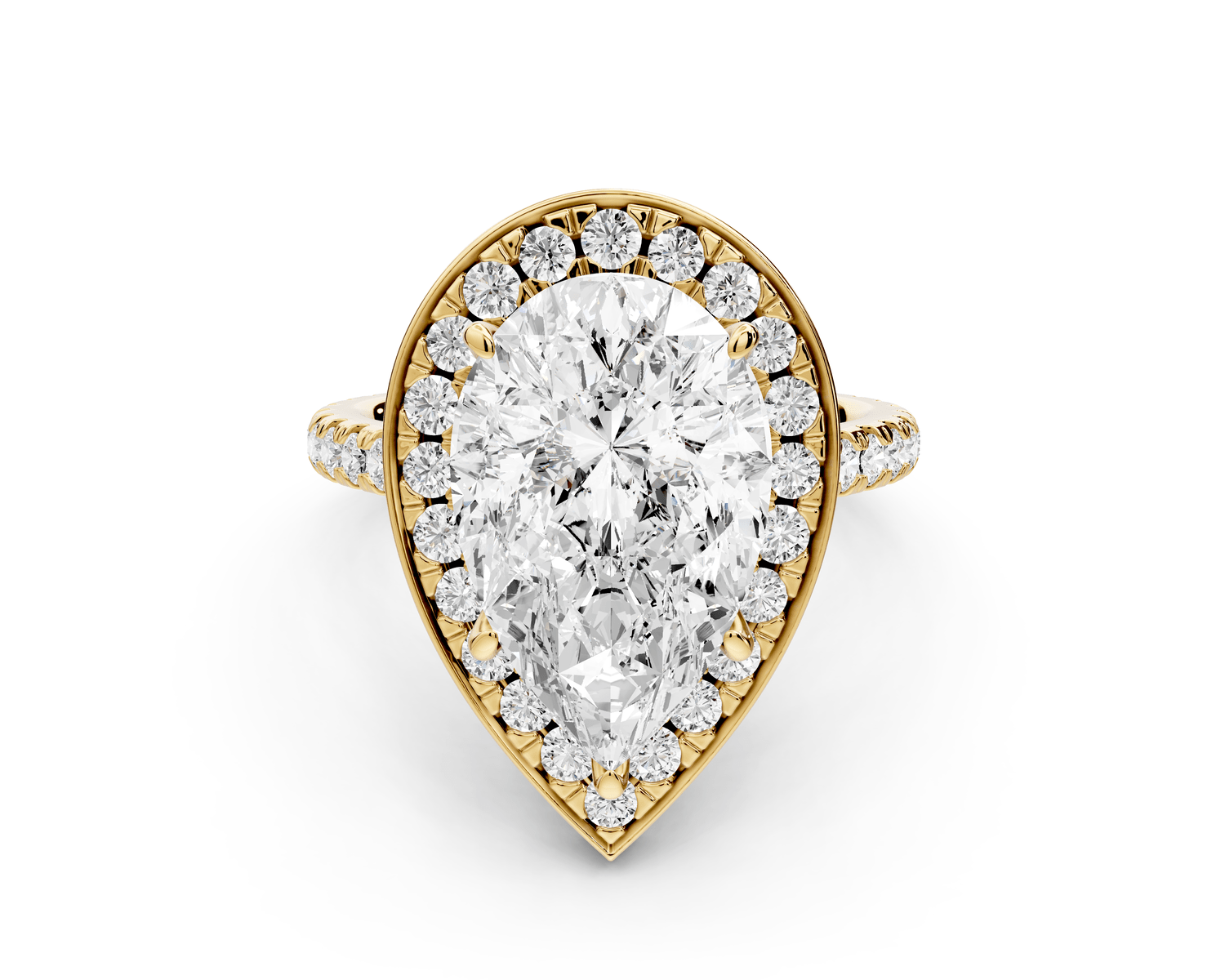 Beatrice - 5ct 18k yellow gold pear stone in rollover halo with diamond bridge and pavé engagement ring - Mr. Alex Jewelry