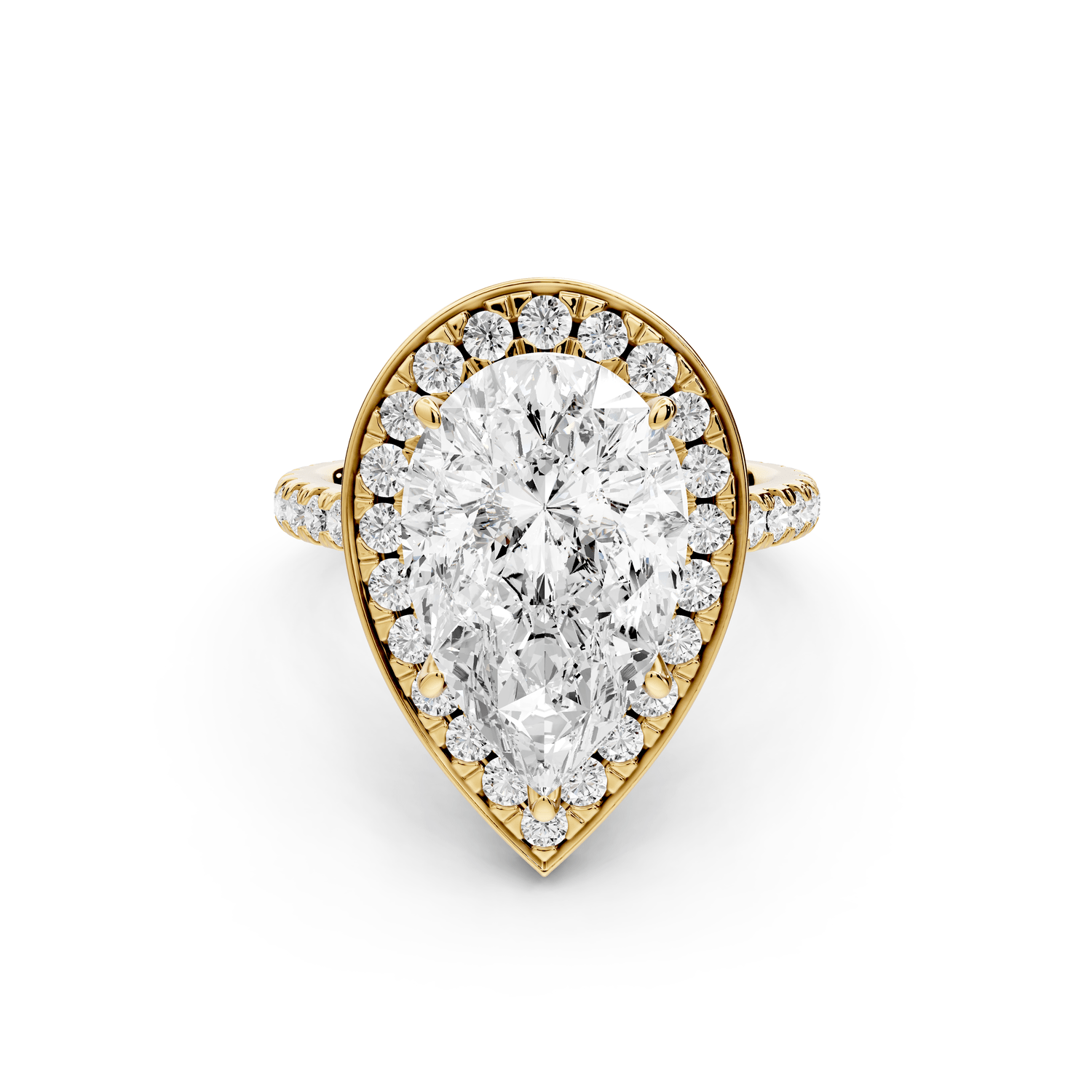 Beatrice - 5ct 18k yellow gold pear stone in rollover halo with diamond bridge and pavé engagement ring - Mr. Alex Jewelry