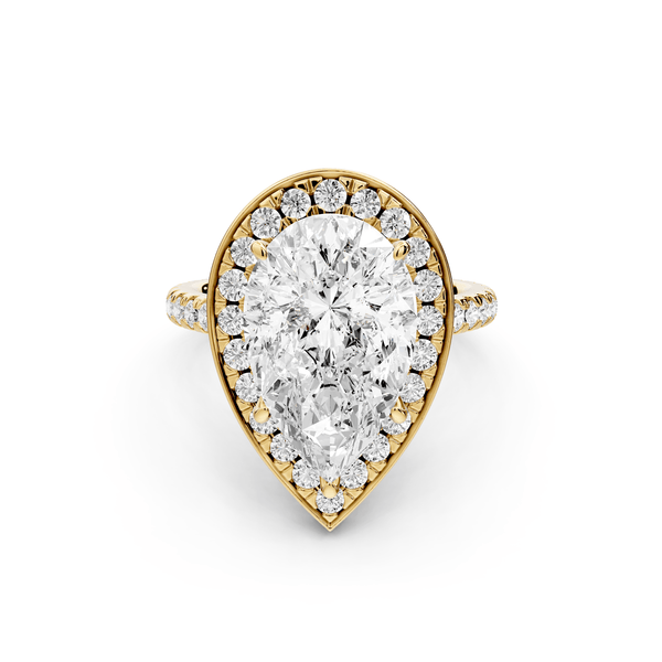 Beatrice - 5ct 18k yellow gold pear stone in rollover halo with diamond bridge and pavé engagement ring - Mr. Alex Jewelry