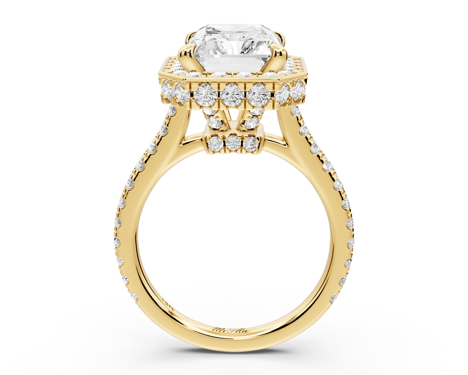 Beatrice - 5ct 18k yellow gold radiant stone in rollover halo with diamond bridge and pavé engagement ring - Mr. Alex Jewelry