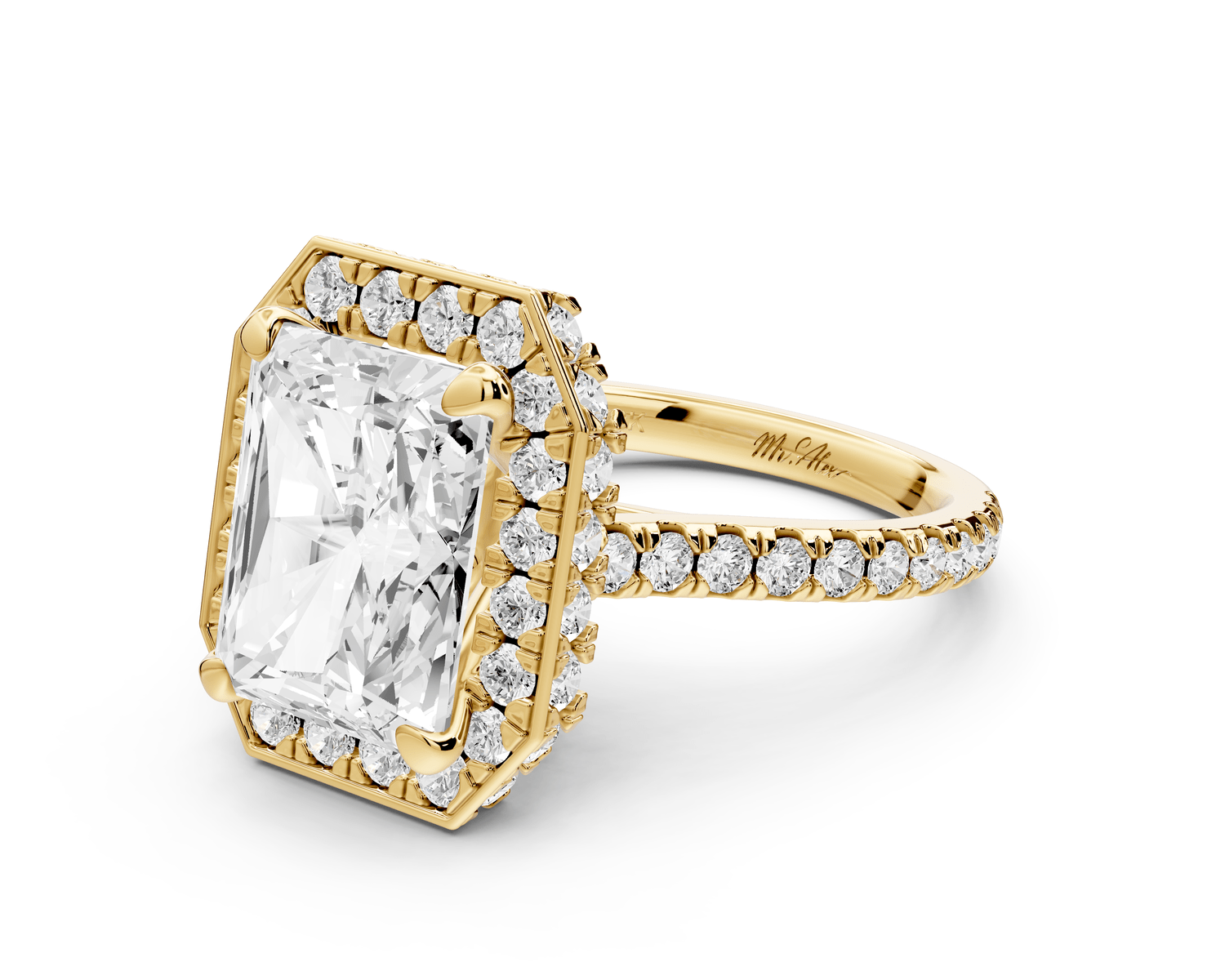 Beatrice - 5ct 18k yellow gold radiant stone in rollover halo with diamond bridge and pavé engagement ring - Mr. Alex Jewelry