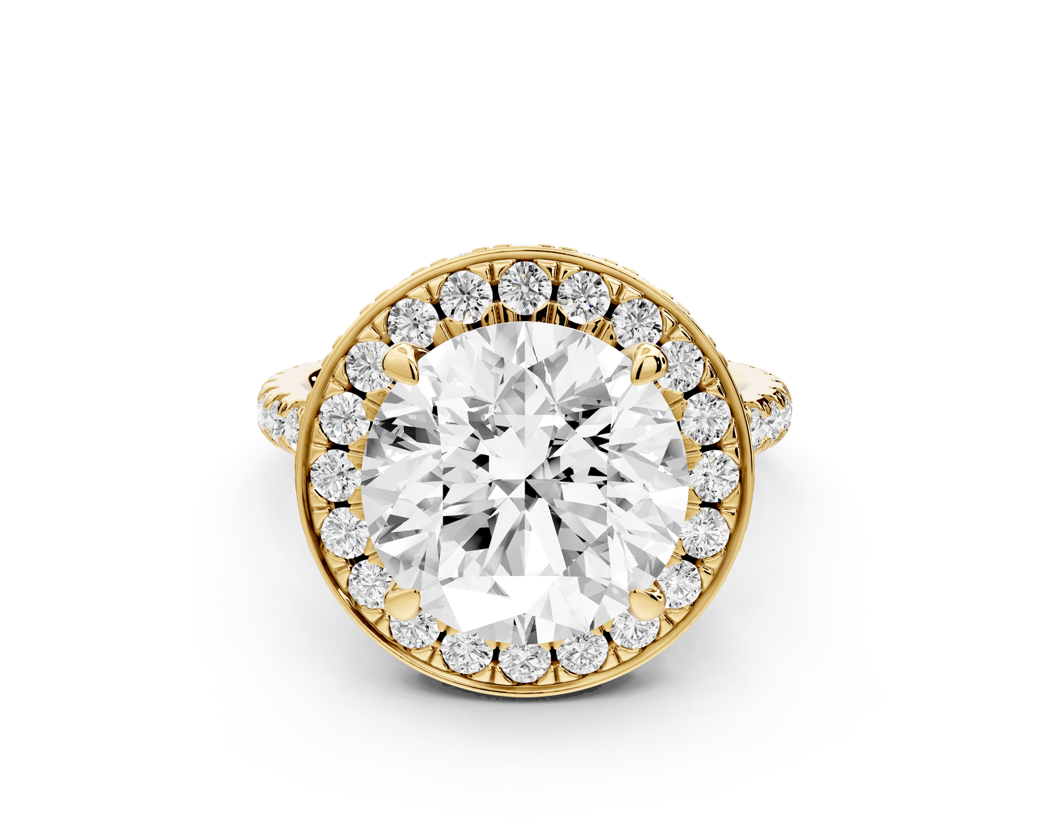 Beatrice - 5ct 18k yellow gold round stone in rollover halo with diamond bridge and pavé engagement ring - Mr. Alex Jewelry