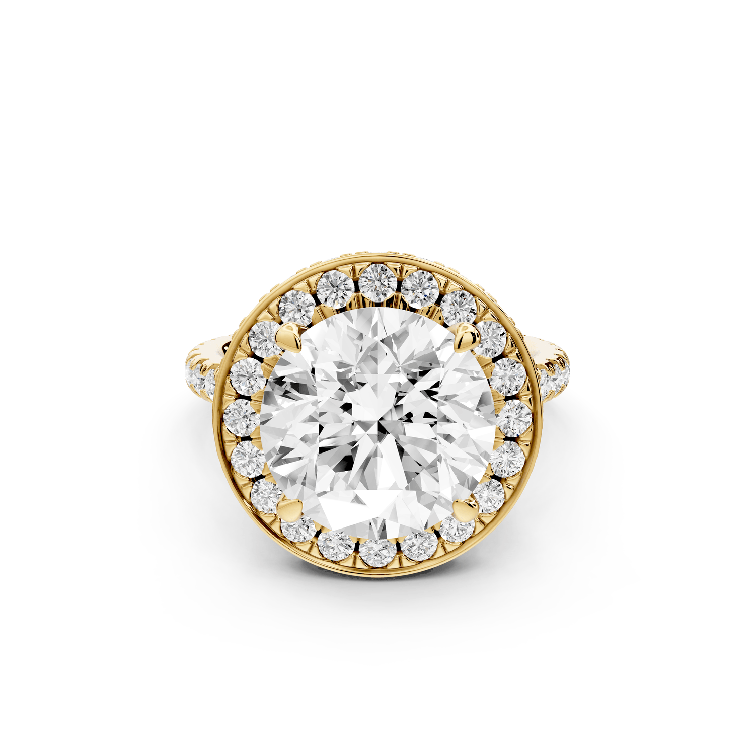 Beatrice - 5ct 18k yellow gold round stone in rollover halo with diamond bridge and pavé engagement ring - Mr. Alex Jewelry