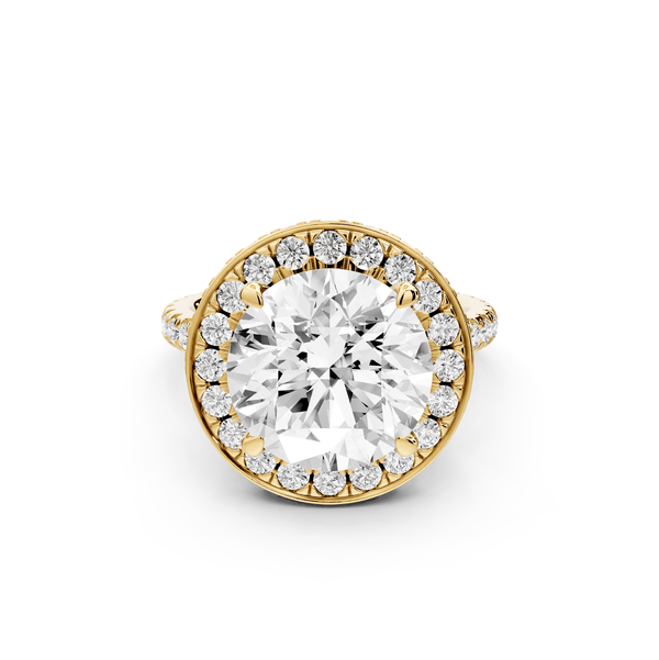 Beatrice - 5ct 18k yellow gold round stone in rollover halo with diamond bridge and pavé engagement ring - Mr. Alex Jewelry