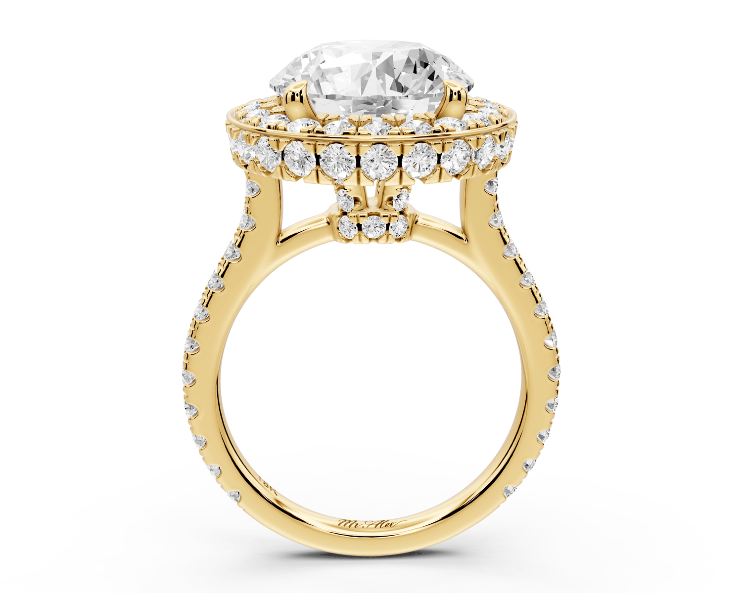 Beatrice - 5ct 18k yellow gold round stone in rollover halo with diamond bridge and pavé engagement ring - Mr. Alex Jewelry