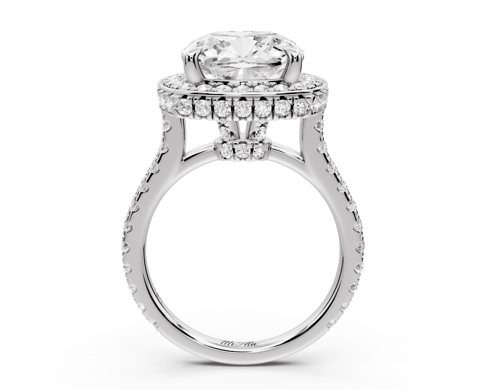 Beatrice - 5ct platinum cushion stone in rollover halo with diamond bridge and pavé engagement ring - Mr. Alex Jewelry