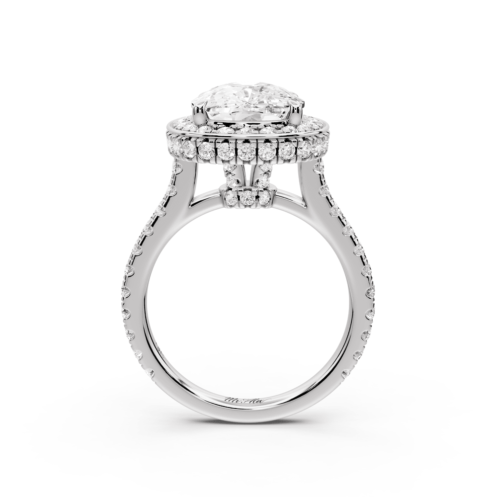 Beatrice - 5ct platinum ecushion stone in rollover halo with diamond bridge and pavé engagement ring - Mr. Alex Jewelry