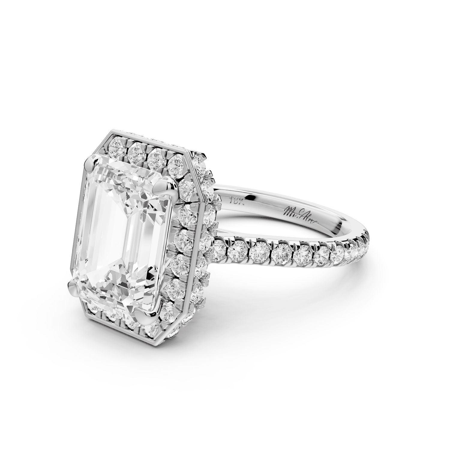 Beatrice - 5ct platinum emerald stone in rollover halo with diamond bridge and pavé engagement ring - Mr. Alex Jewelry