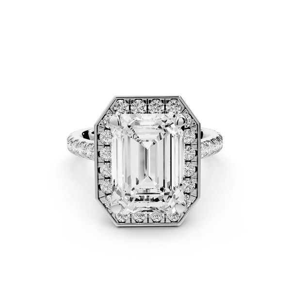 Beatrice - 5ct platinum emerald stone in rollover halo with diamond bridge and pavé engagement ring - Mr. Alex Jewelry