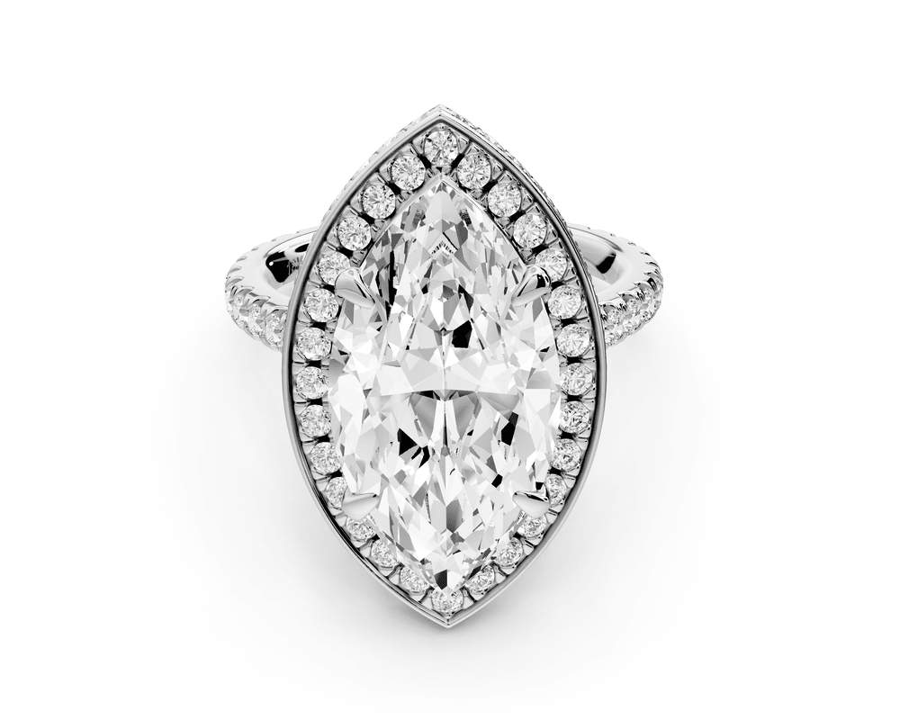 Beatrice - 5ct platinum marquise stone in rollover halo with diamond bridge and pavé engagement ring - Mr. Alex Jewelry
