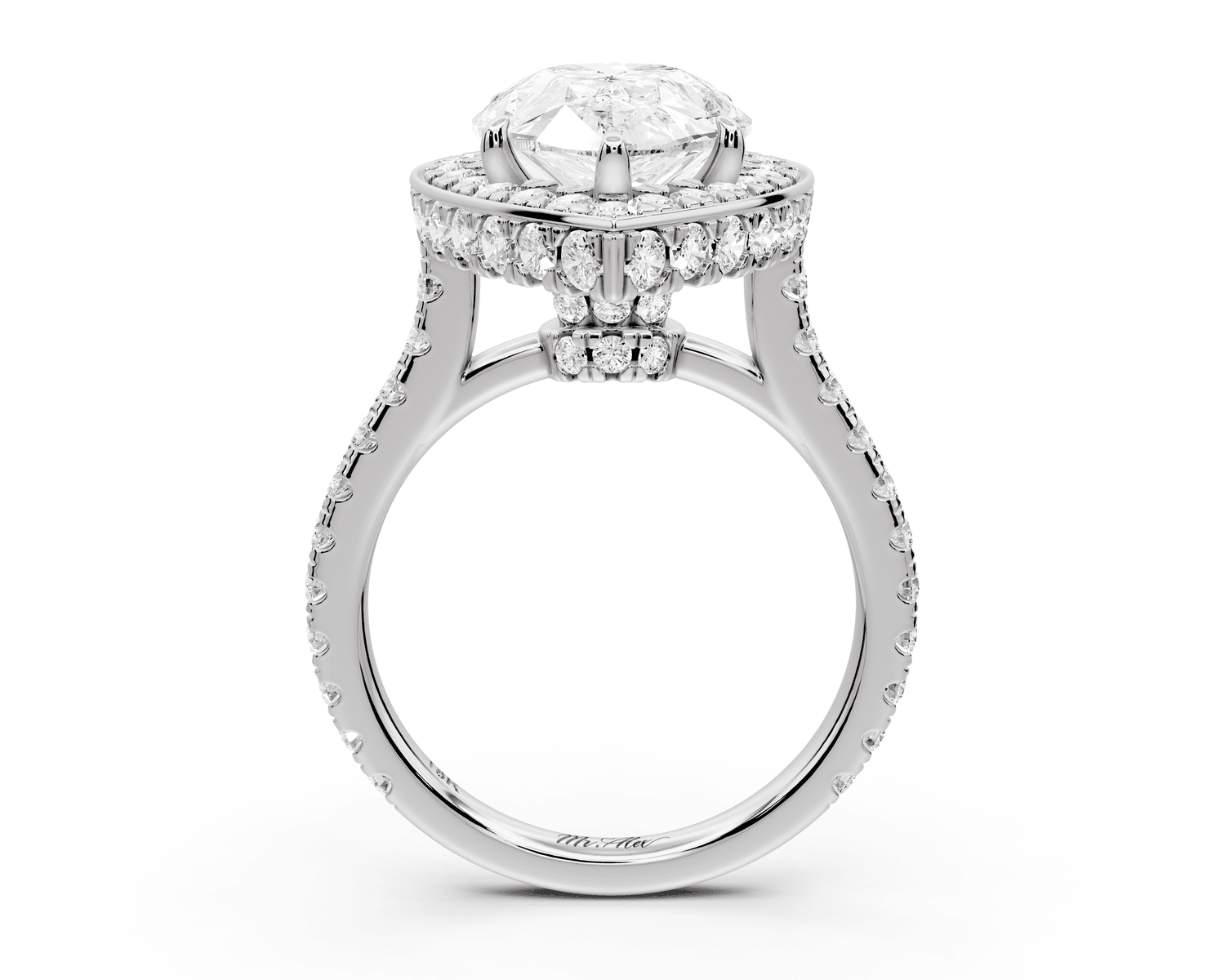 Beatrice - 5ct platinum pear stone in rollover halo with diamond bridge and pavé engagement ring - Mr. Alex Jewelry