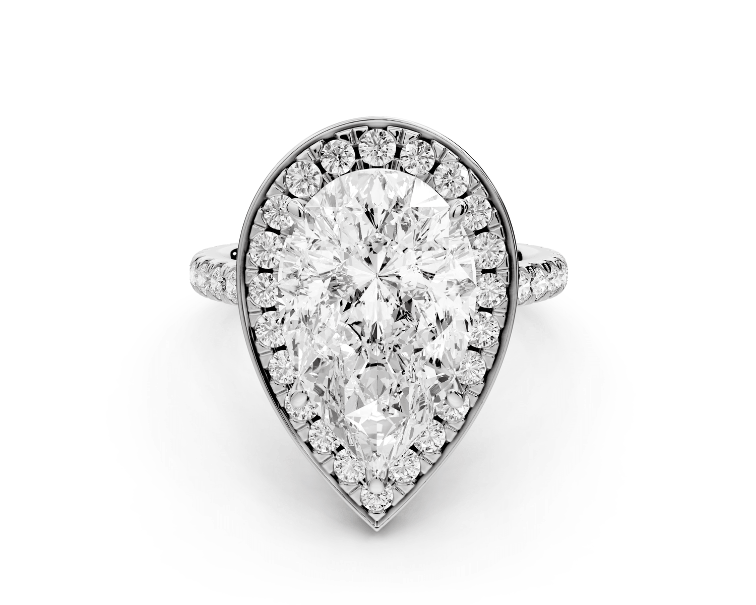 Beatrice - 5ct platinum pear stone in rollover halo with diamond bridge and pavé engagement ring - Mr. Alex Jewelry