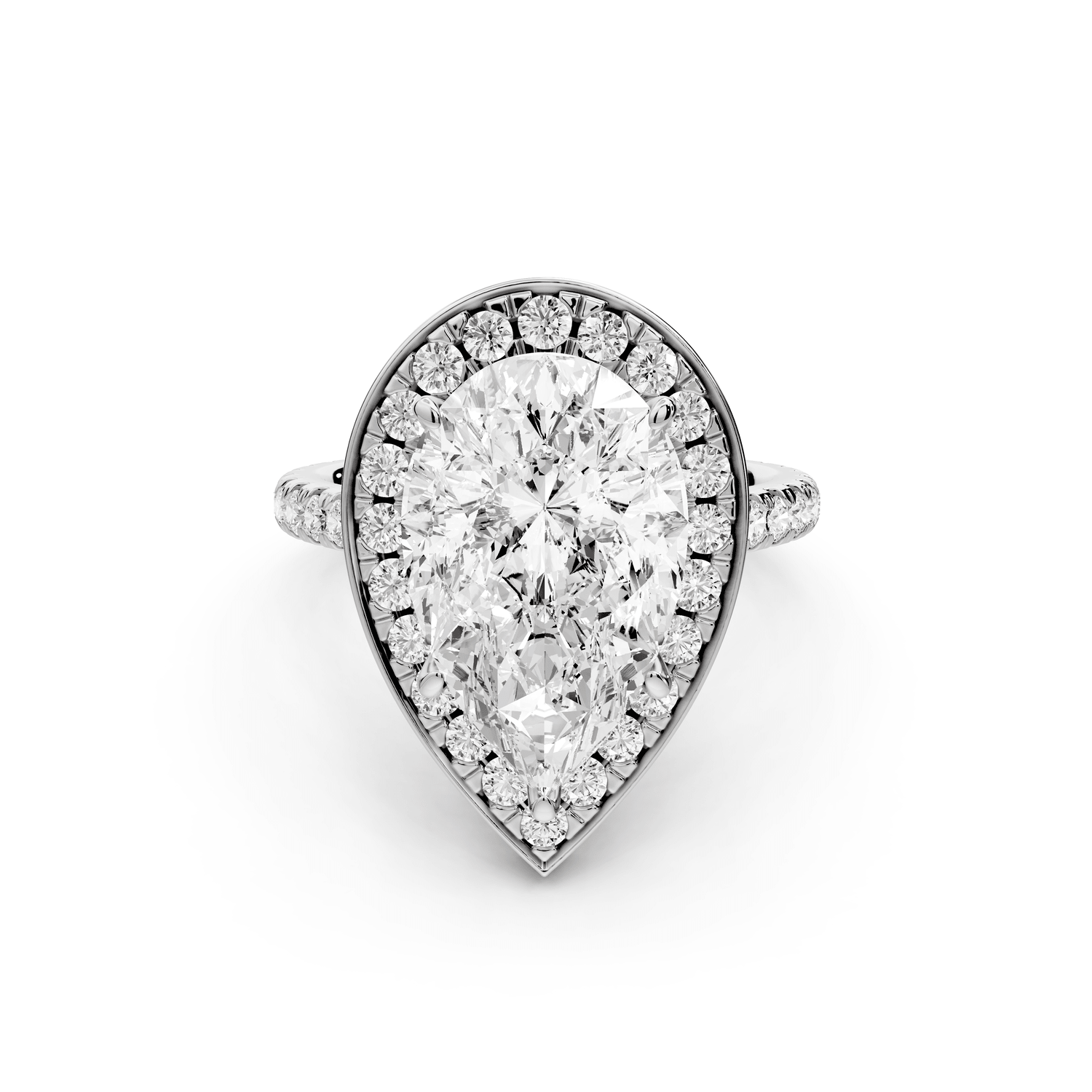 Beatrice - 5ct platinum pear stone in rollover halo with diamond bridge and pavé engagement ring - Mr. Alex Jewelry