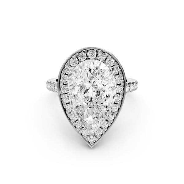 Beatrice - 5ct platinum pear stone in rollover halo with diamond bridge and pavé engagement ring - Mr. Alex Jewelry