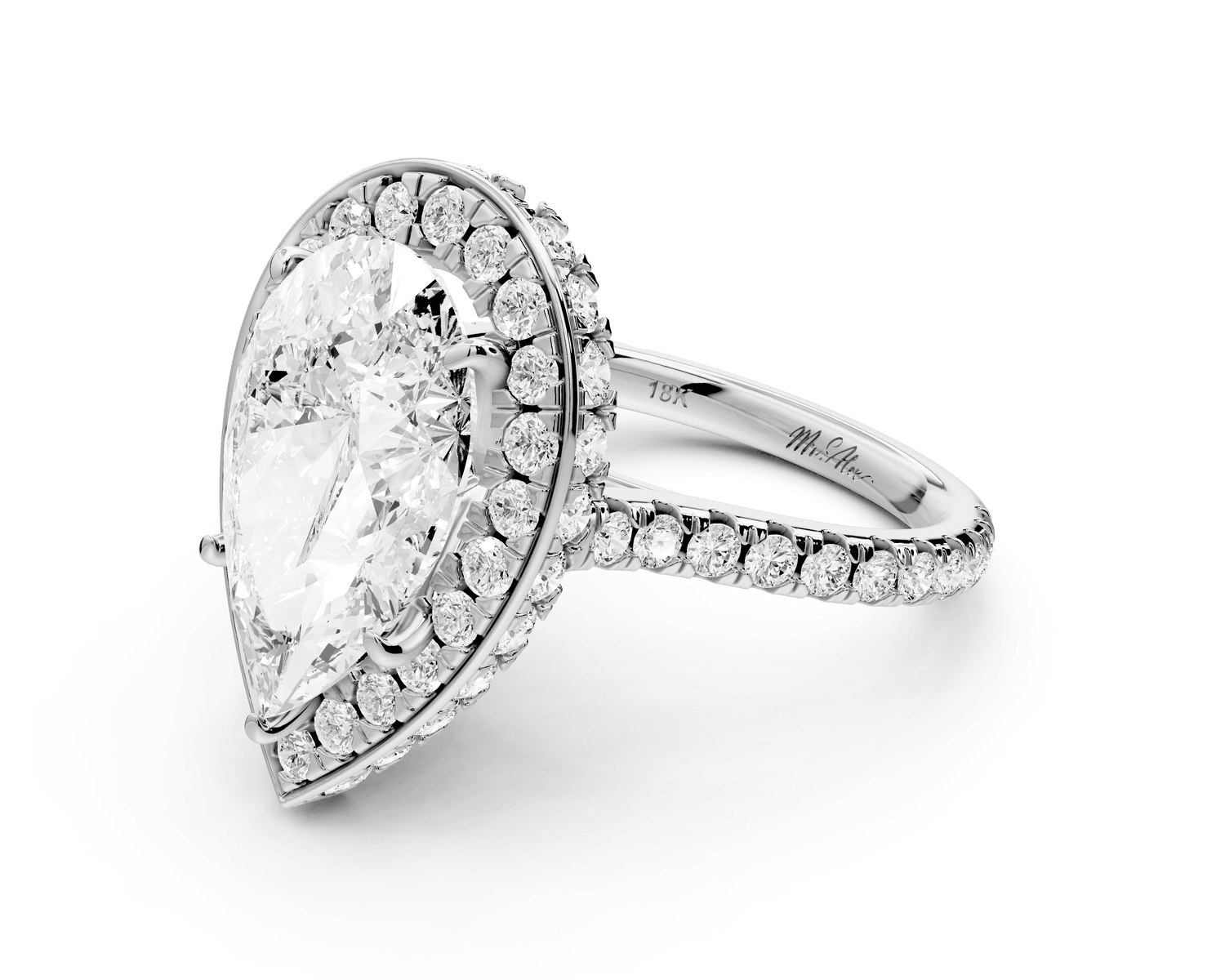 Beatrice - 5ct platinum pear stone in rollover halo with diamond bridge and pavé engagement ring - Mr. Alex Jewelry