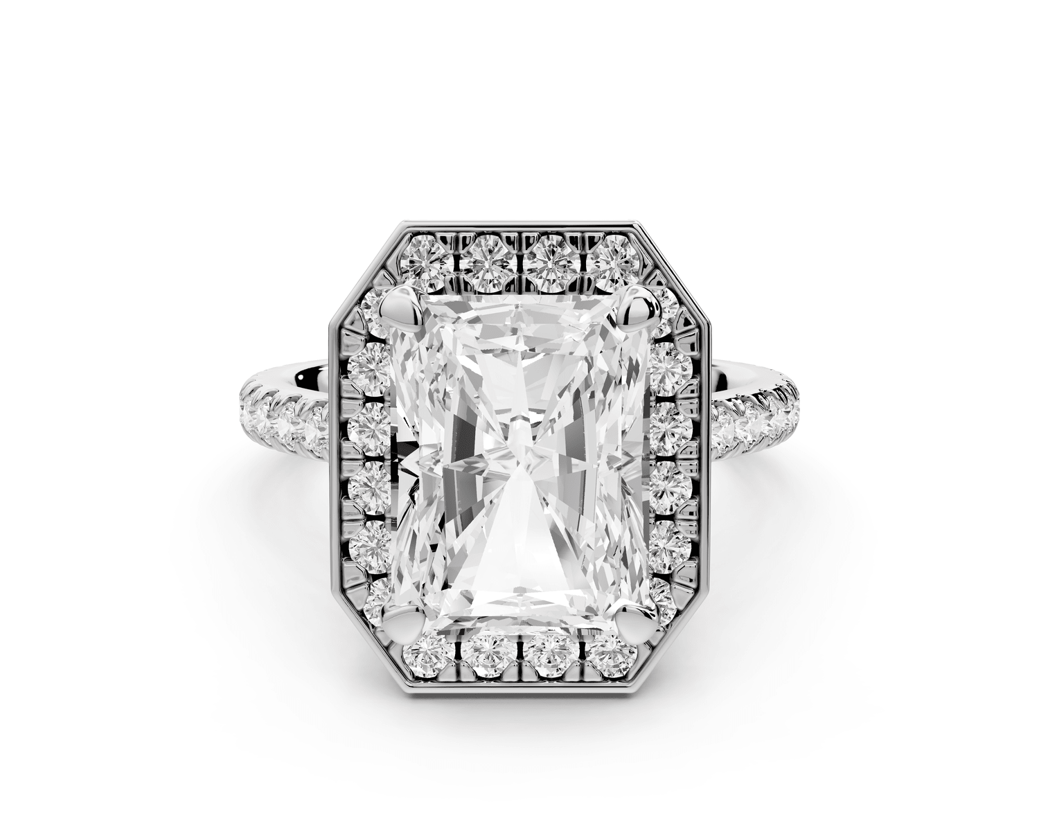 Beatrice - 5ct platinum radiant stone in rollover halo with diamond bridge and pavé engagement ring - Mr. Alex Jewelry