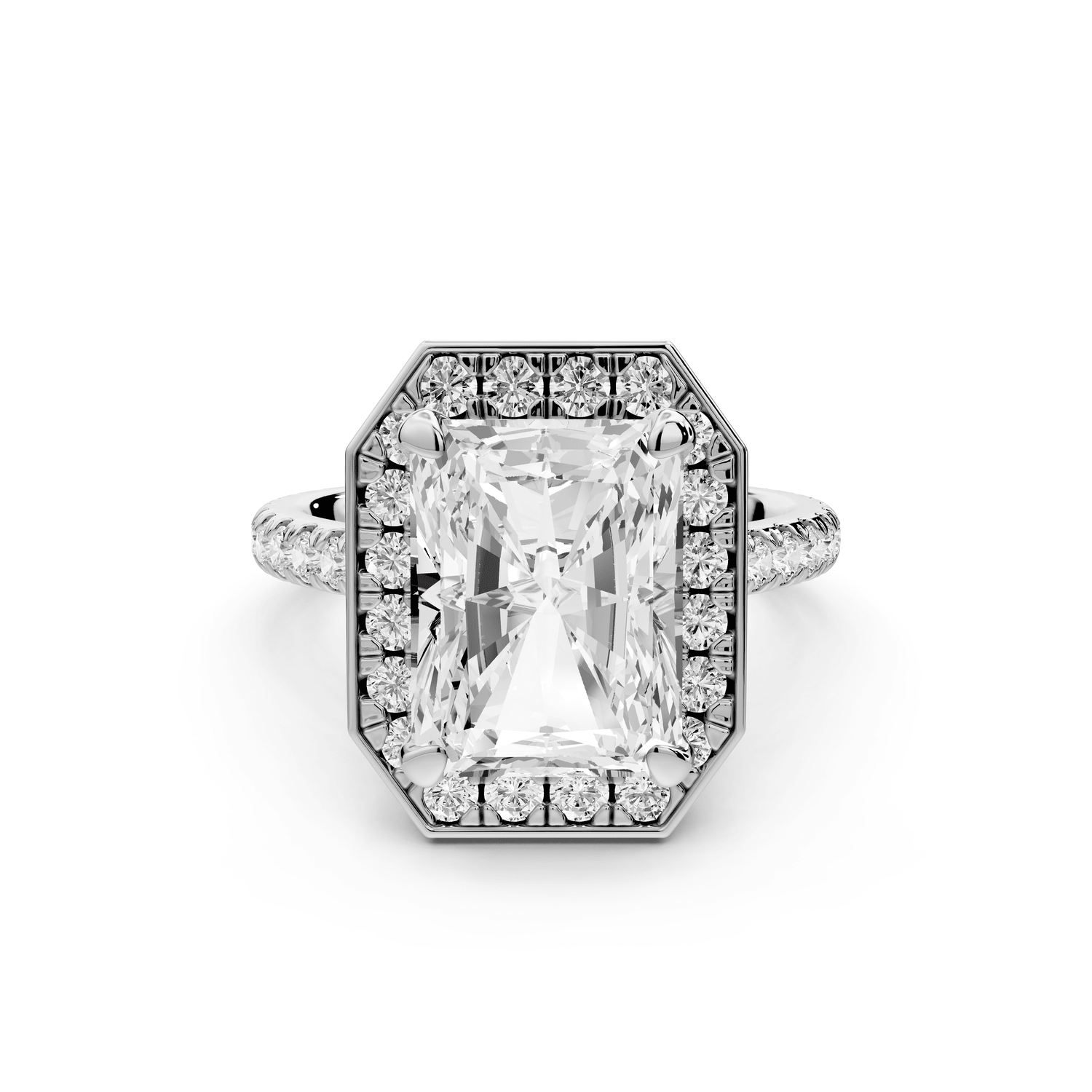 Beatrice - 5ct platinum radiant stone in rollover halo with diamond bridge and pavé engagement ring - Mr. Alex Jewelry