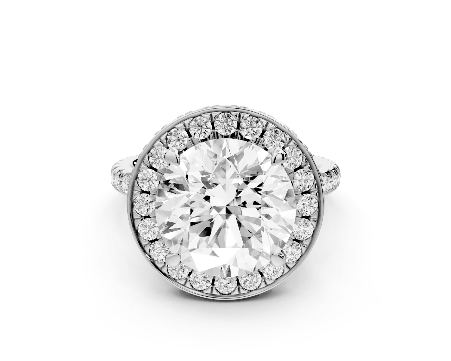 Beatrice - 5ct platinum round stone in rollover halo with diamond bridge and pavé engagement ring - Mr. Alex Jewelry