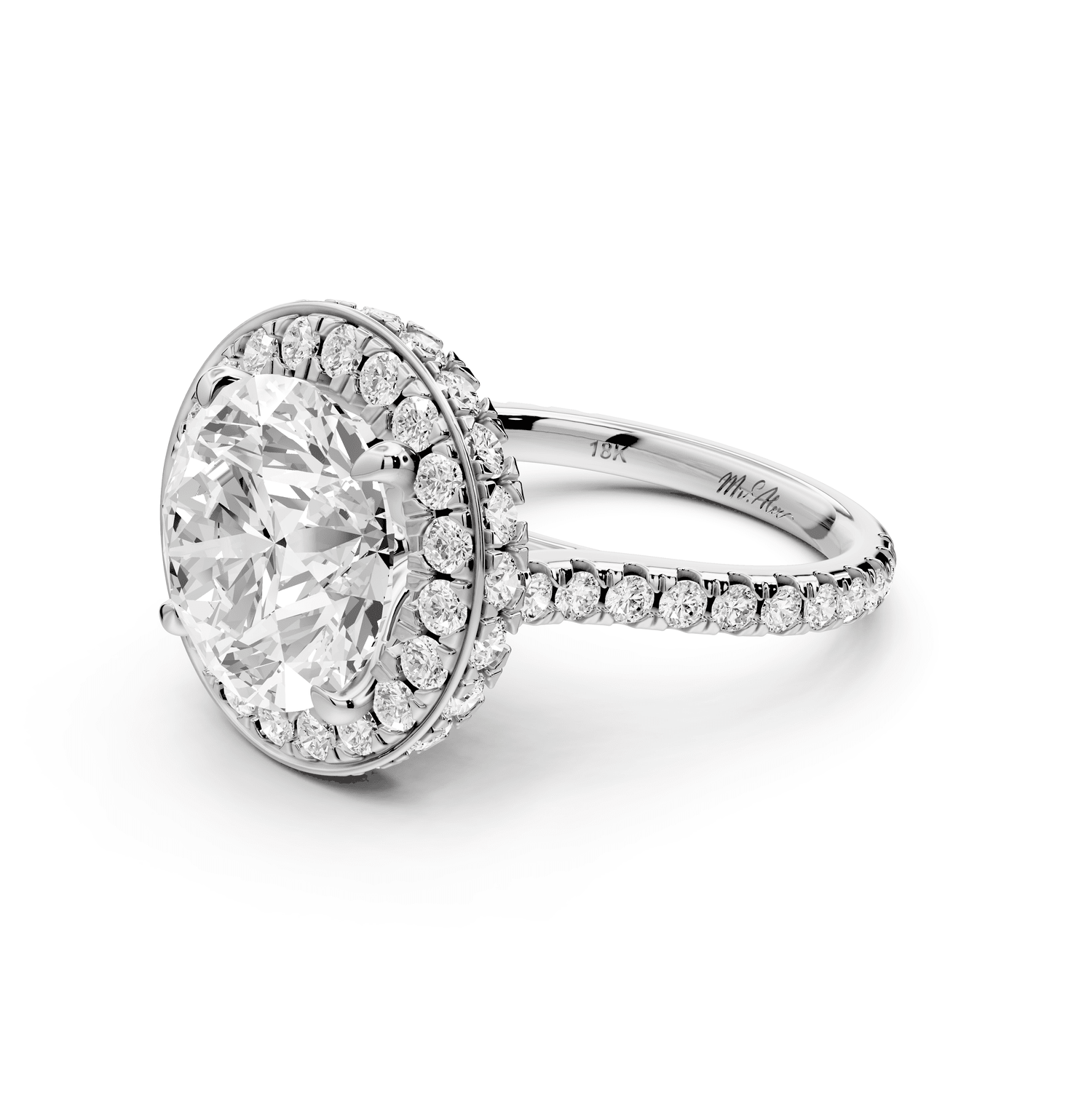 Beatrice - 5ct platinum round stone in rollover halo with diamond bridge and pavé engagement ring - Mr. Alex Jewelry