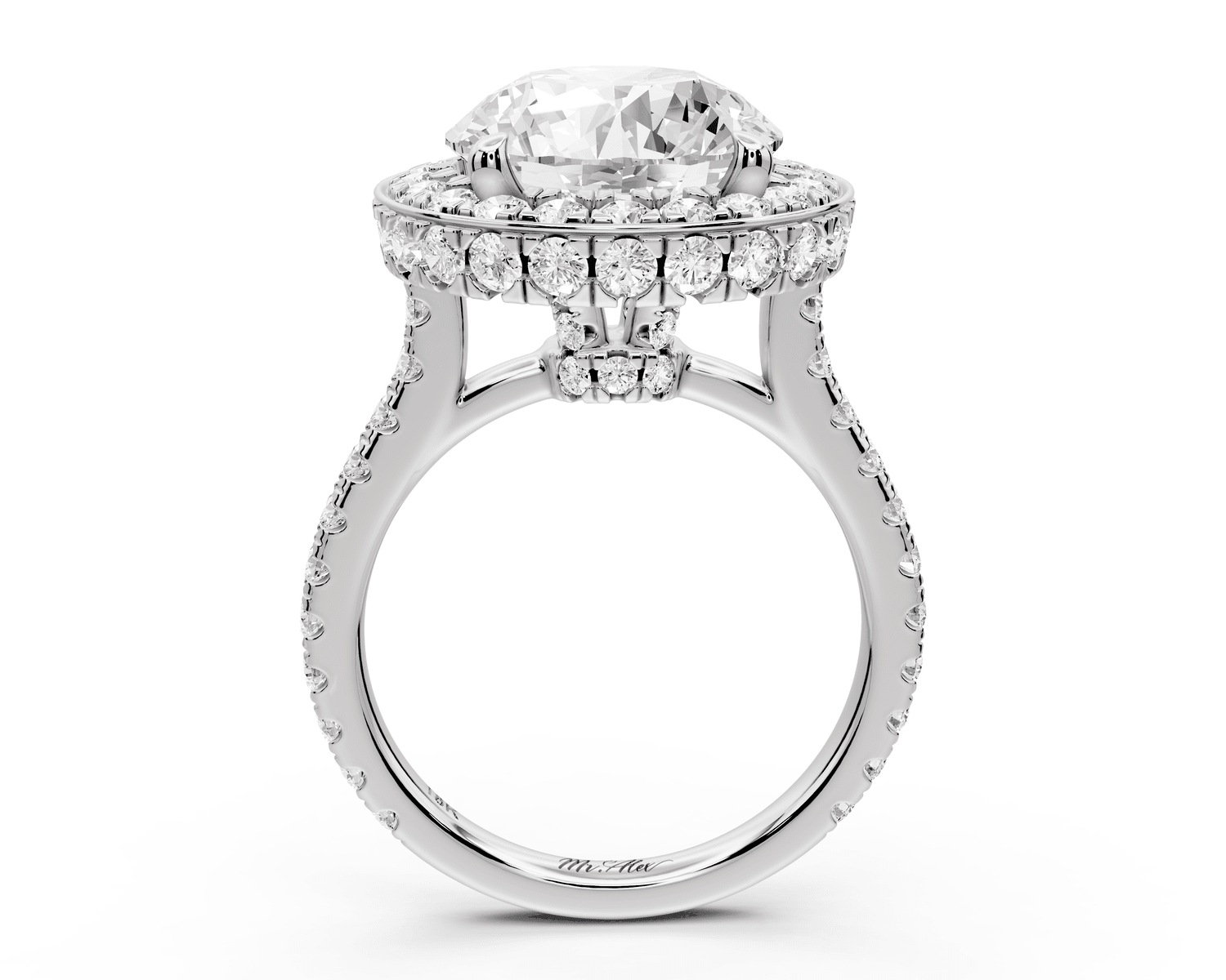 Beatrice - 5ct platinum round stone in rollover halo with diamond bridge and pavé engagement ring - Mr. Alex Jewelry