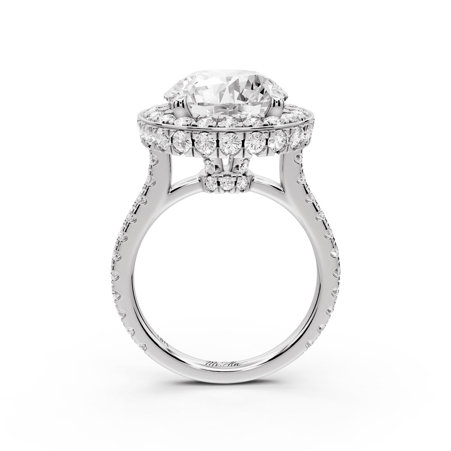 Beatrice - 5ct platinum round stone in rollover halo with diamond bridge and pavé engagement ring - Mr. Alex Jewelry