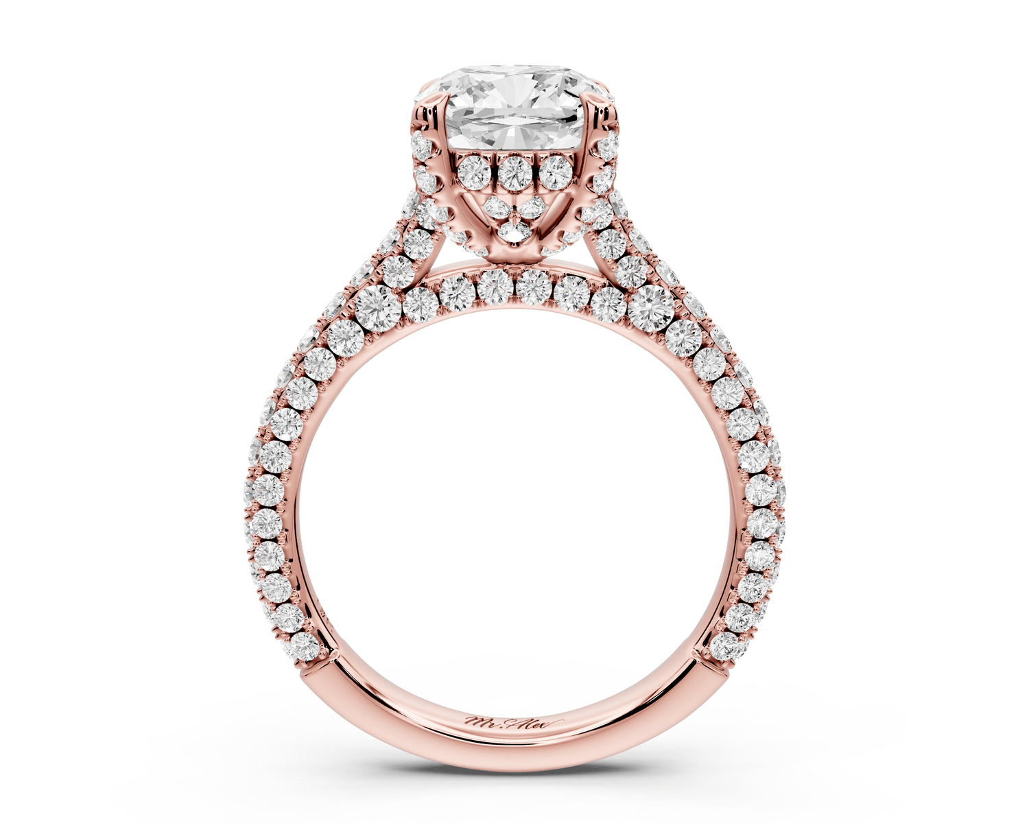 Bianca - 2ct 14k rose gold cushion Diamond hidden halo with a diamond crown and bridge rollover pave cathedral engagement ring - Mr. Alex Jewelry