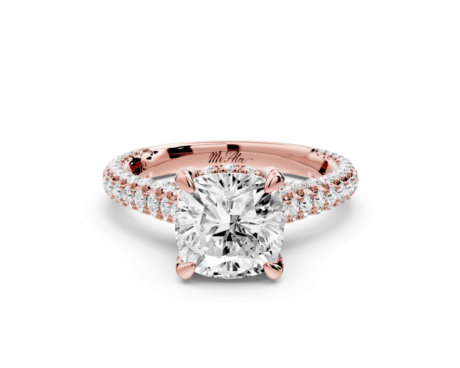 Bianca - 2ct 14k rose gold cushion Diamond hidden halo with a diamond crown and bridge rollover pave cathedral engagement ring - Mr. Alex Jewelry