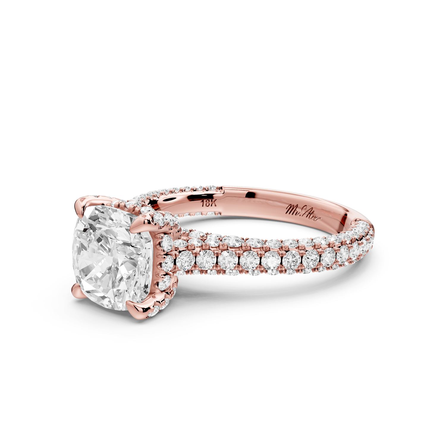 Bianca - 2ct 14k rose gold cushion Diamond hidden halo with a diamond crown and bridge rollover pave cathedral engagement ring - Mr. Alex Jewelry
