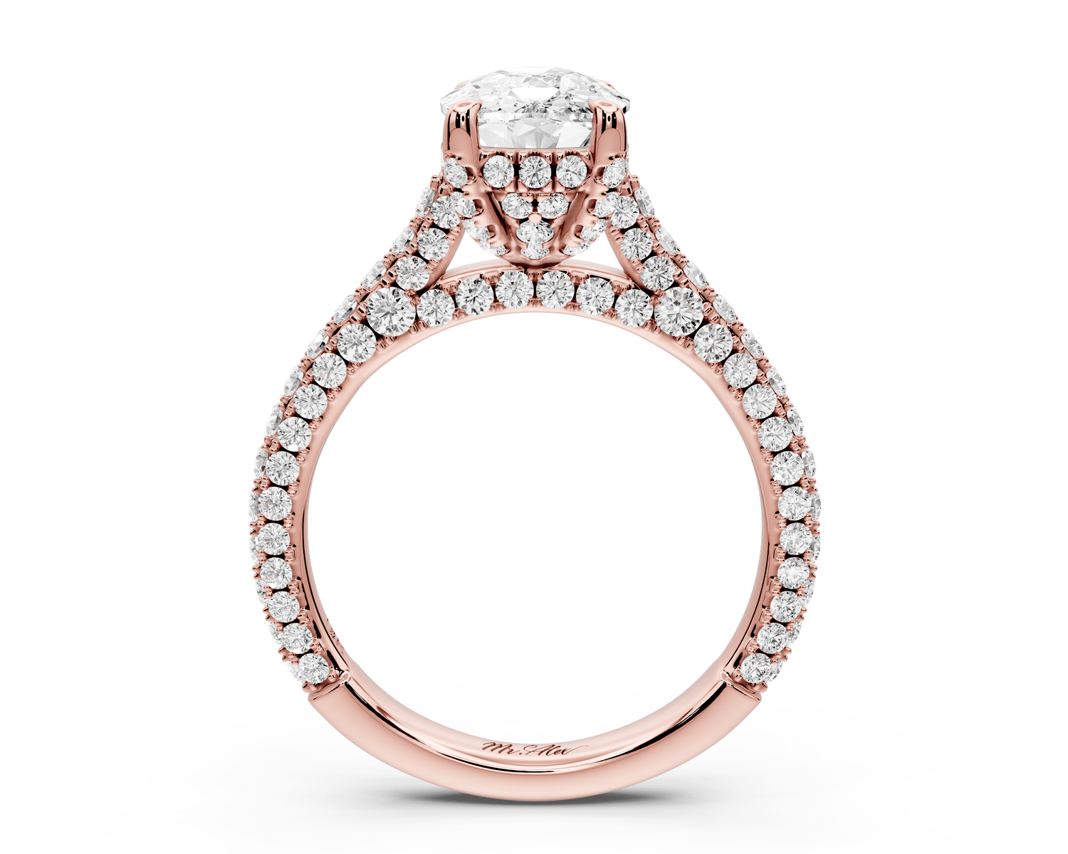Bianca - 2ct 14k rose gold ecushion Diamond hidden halo with a diamond crown and bridge rollover pave cathedral engagement ring - Mr. Alex Jewelry