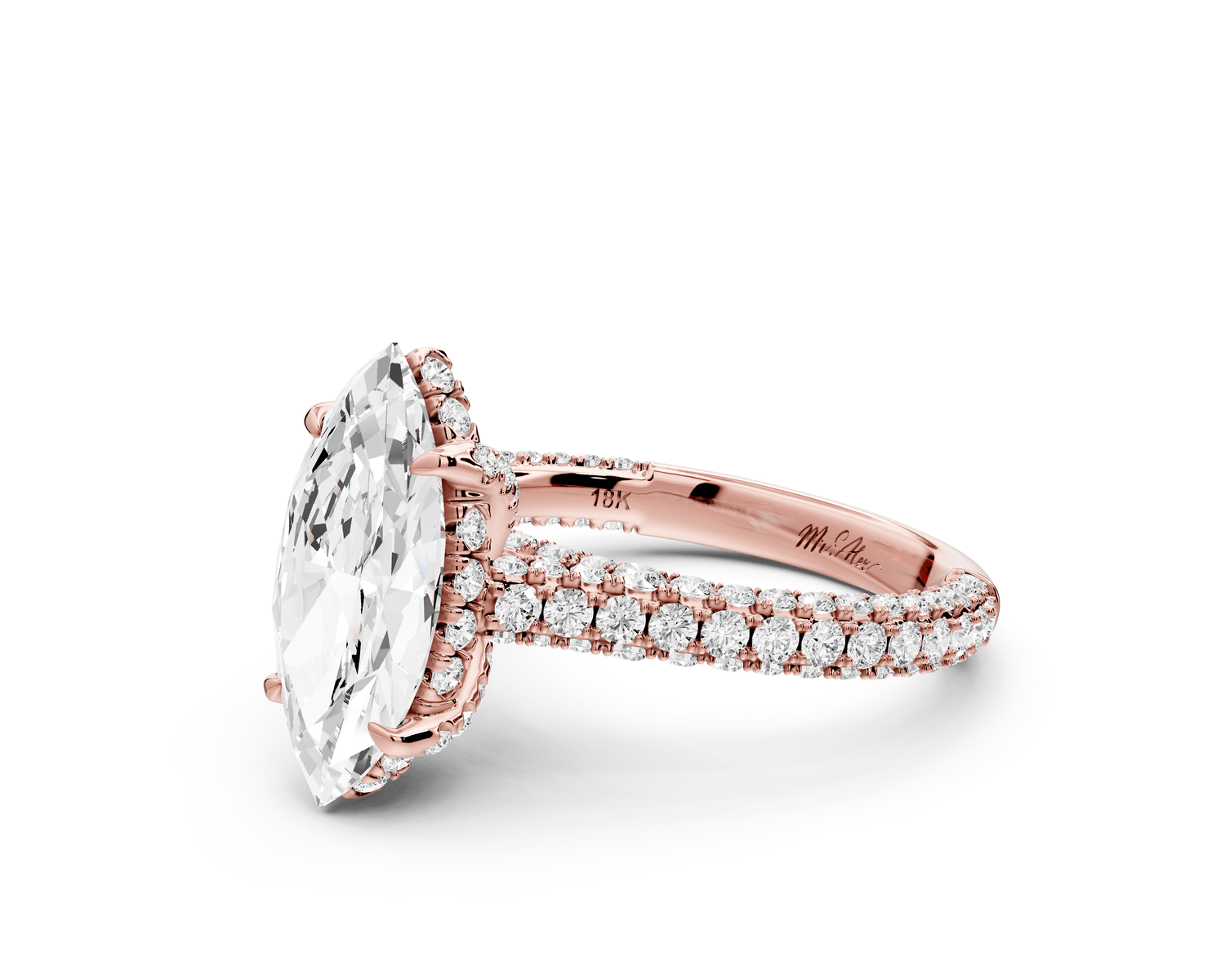 Bianca - 2ct 14k rose gold marquise Diamond hidden halo with a diamond crown and bridge rollover pave cathedral engagement ring - Mr. Alex Jewelry