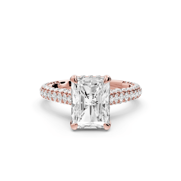 Bianca - 2ct 14k rose gold radiant Diamond hidden halo with a diamond crown and bridge rollover pave cathedral engagement ring - Mr. Alex Jewelry